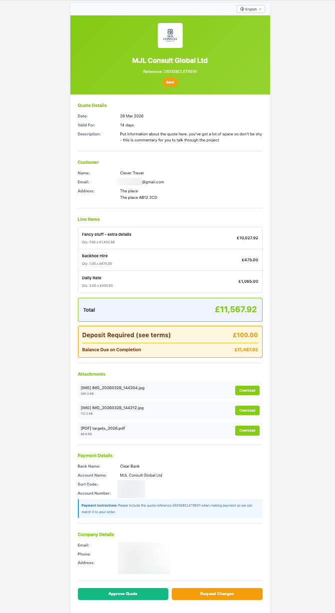Customer-facing Kwowta quote page showing line items and approval buttons