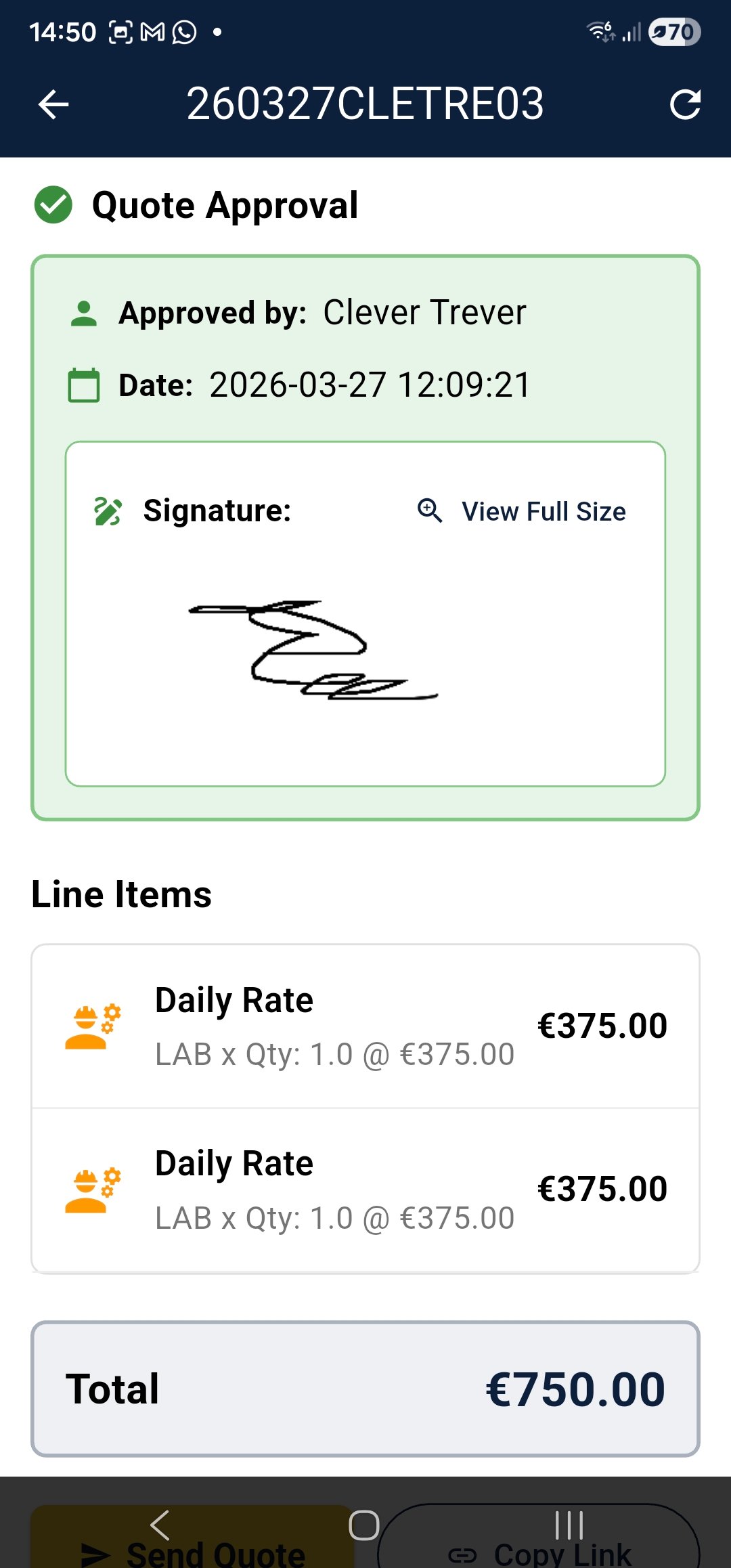 Kwowta quote approval screen showing digital signature