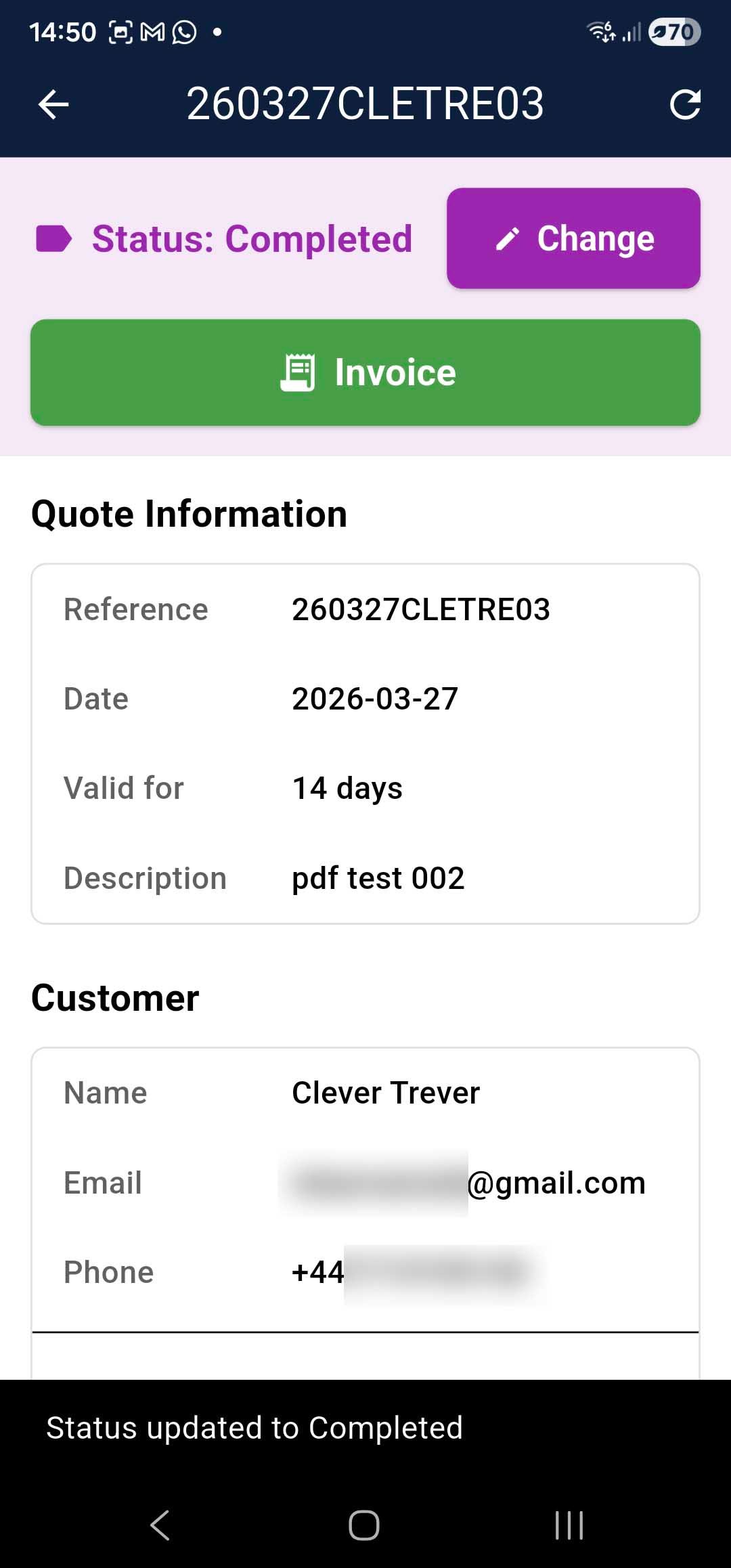 Converting an approved Kwowta quote to an invoice