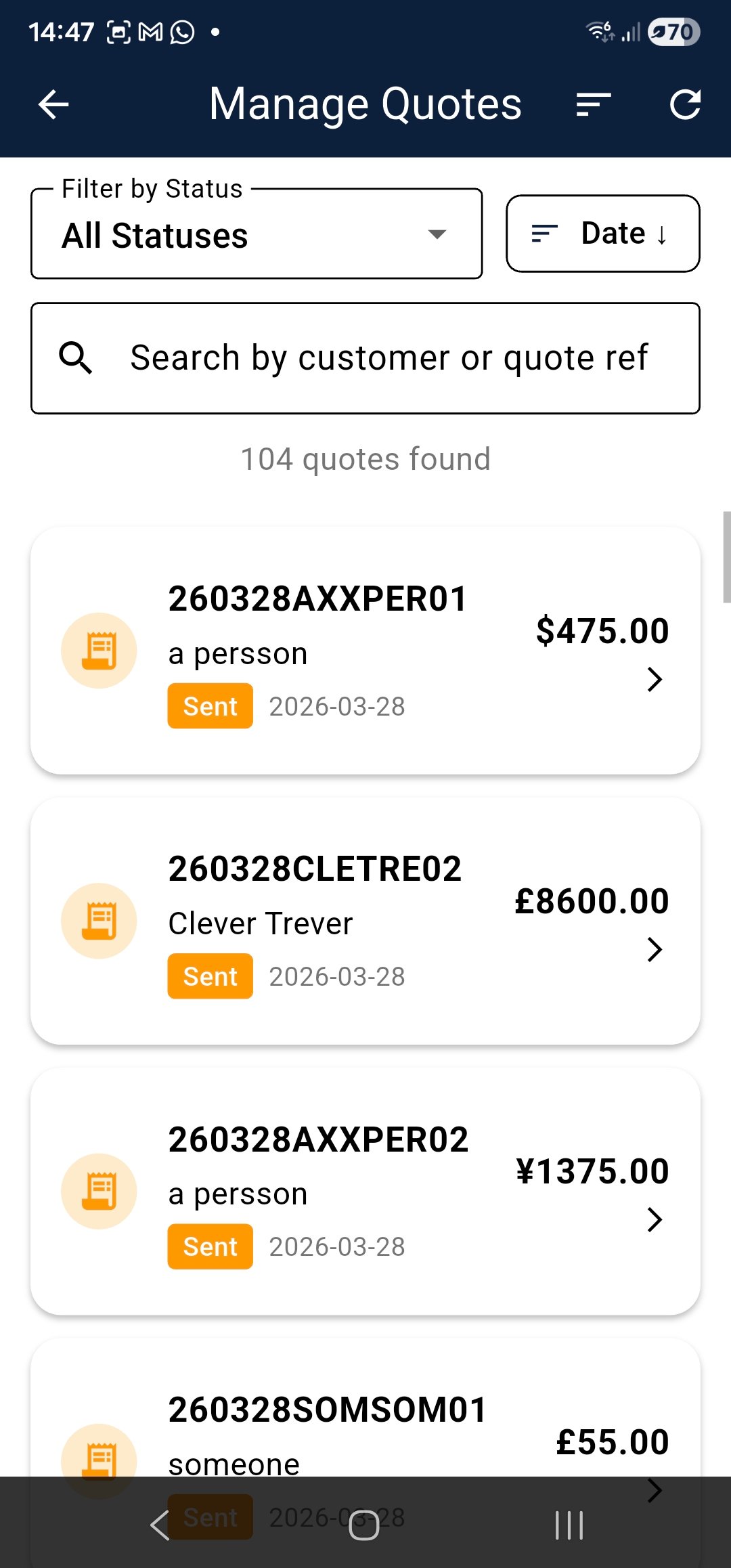 Kwowta manage quotes screen showing quote list with statuses