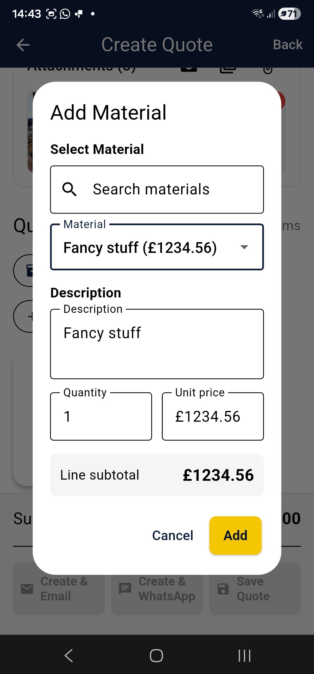Adding a material line item to a Kwowta quote