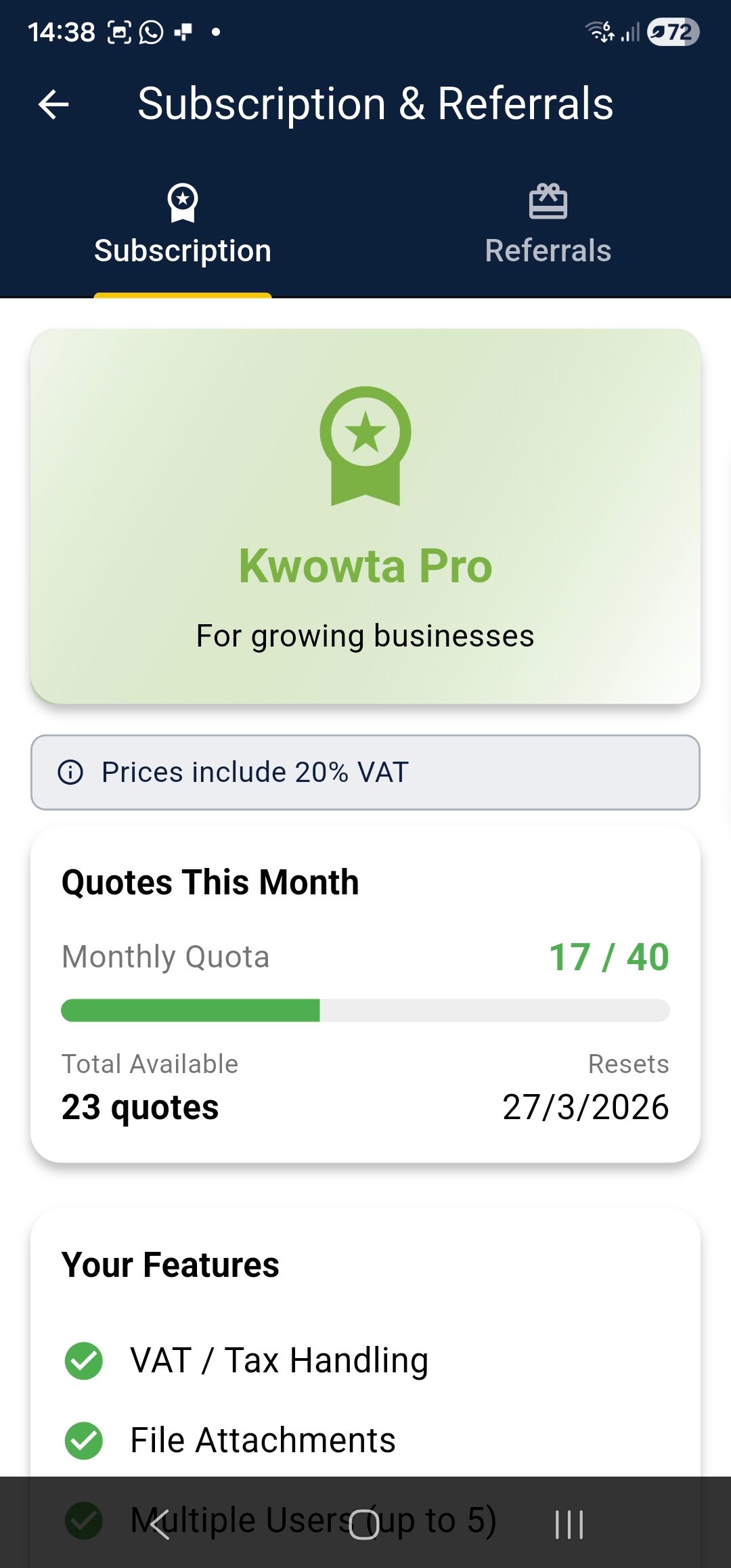 Kwowta subscription screen showing Pro plan and monthly quota