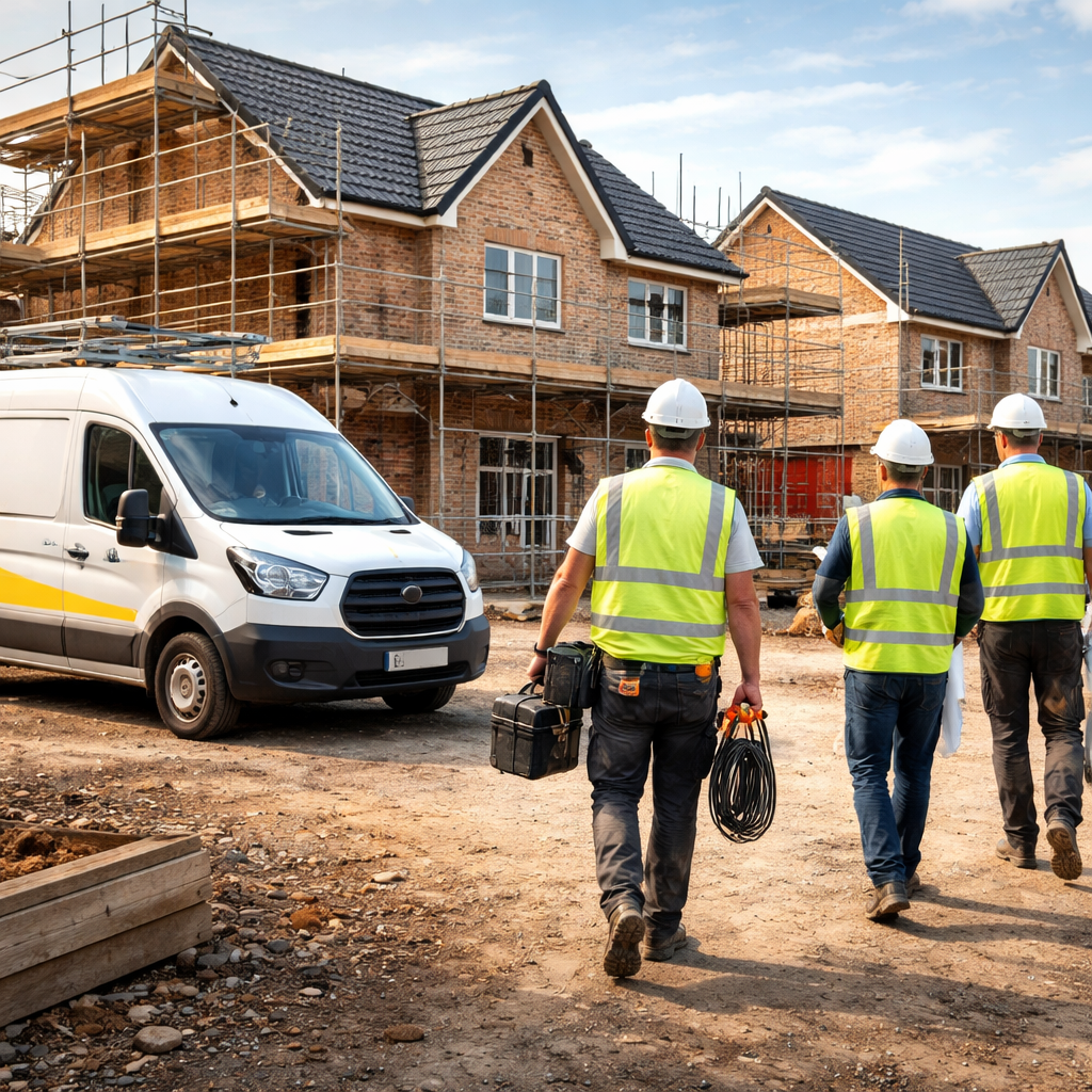 UK construction company team and branded vans at building site