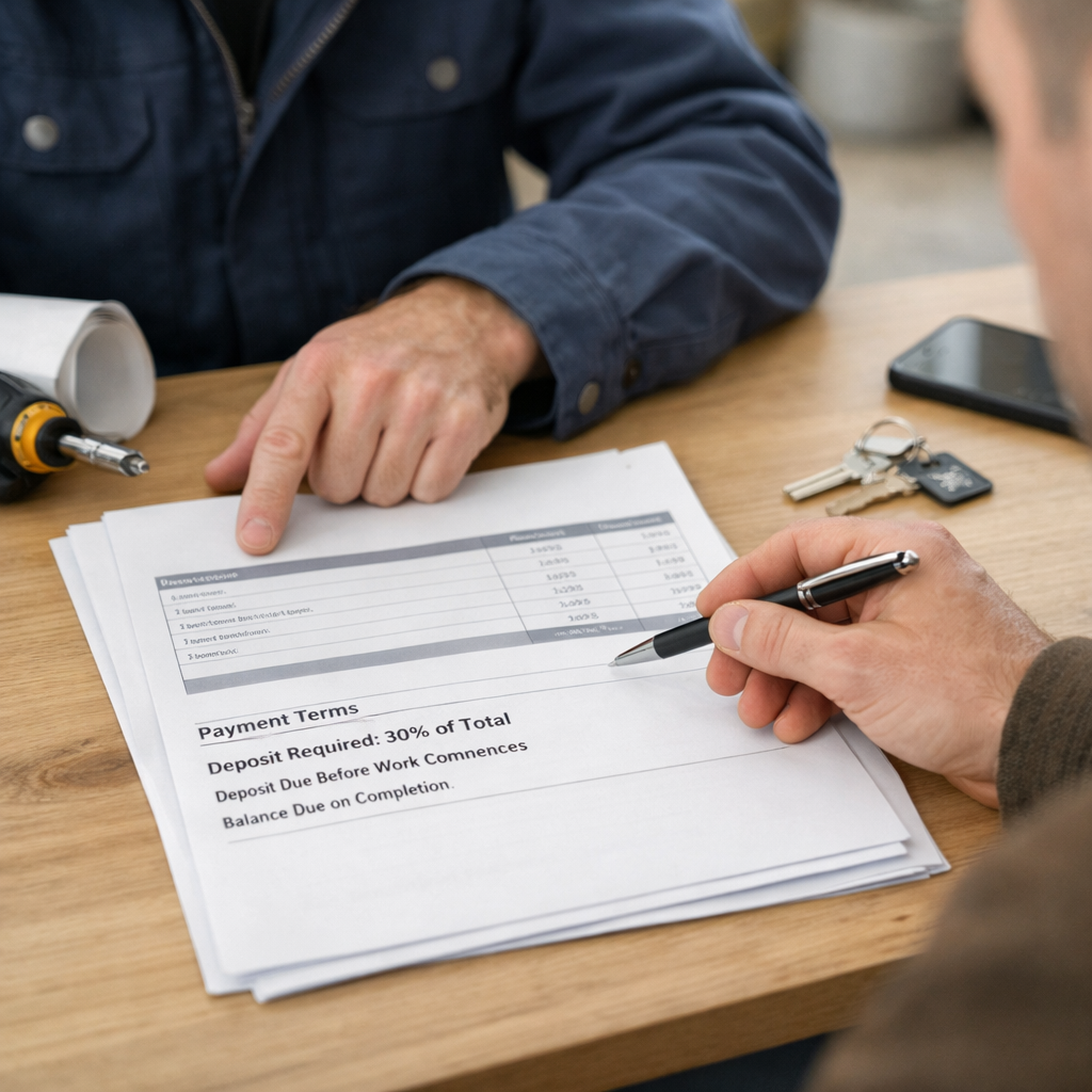 trades quote showing deposit requirement in payment terms UK